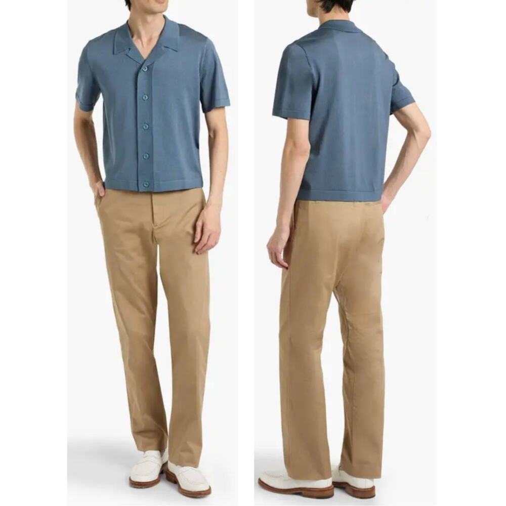 Sandro NEW Slate Blue Camp Collar Stretch Knit Button Up Short Sleeve S Shirt